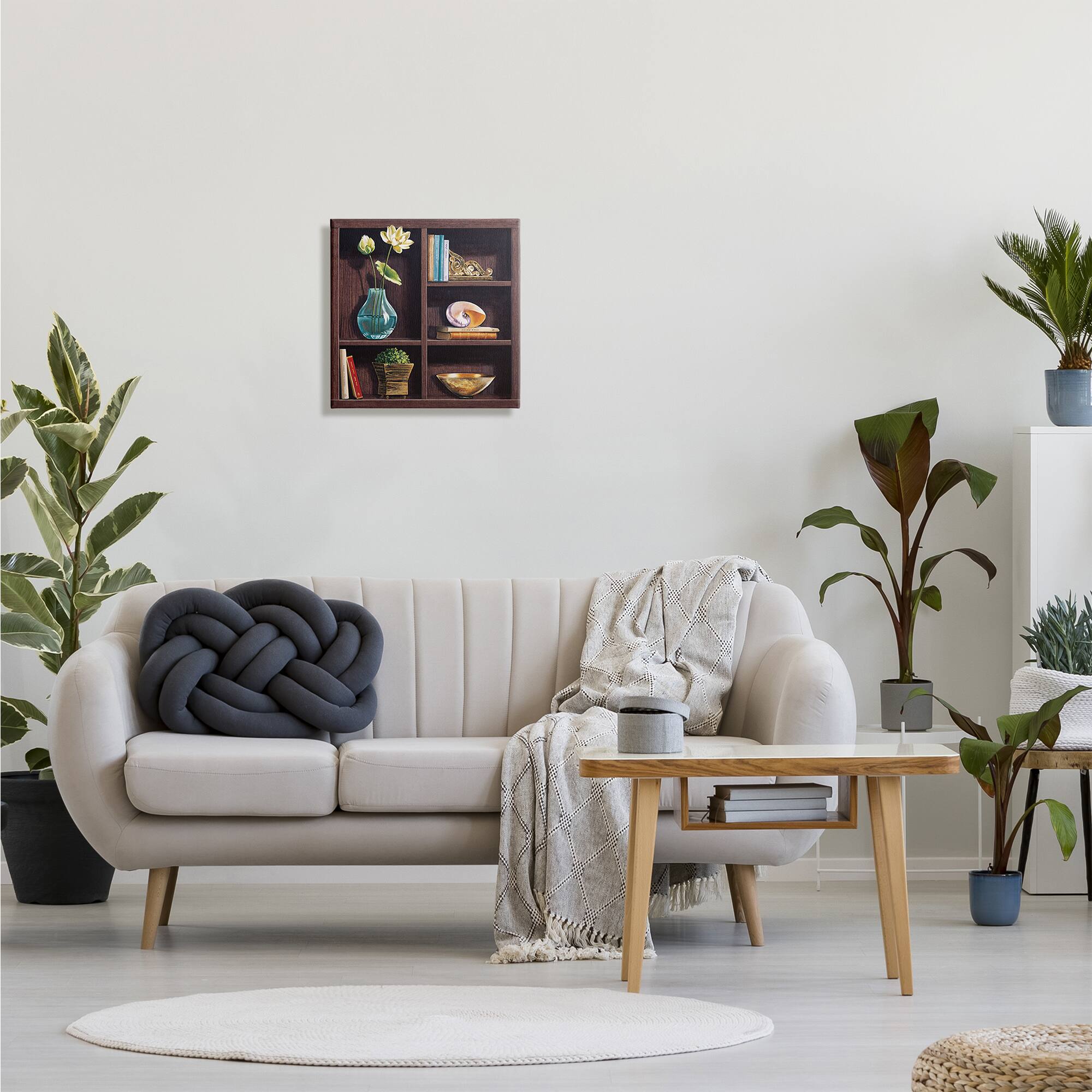 Stupell Industries Elegant Bookshelf Still-Life with Lotus Floral Vase Canvas Wall Art